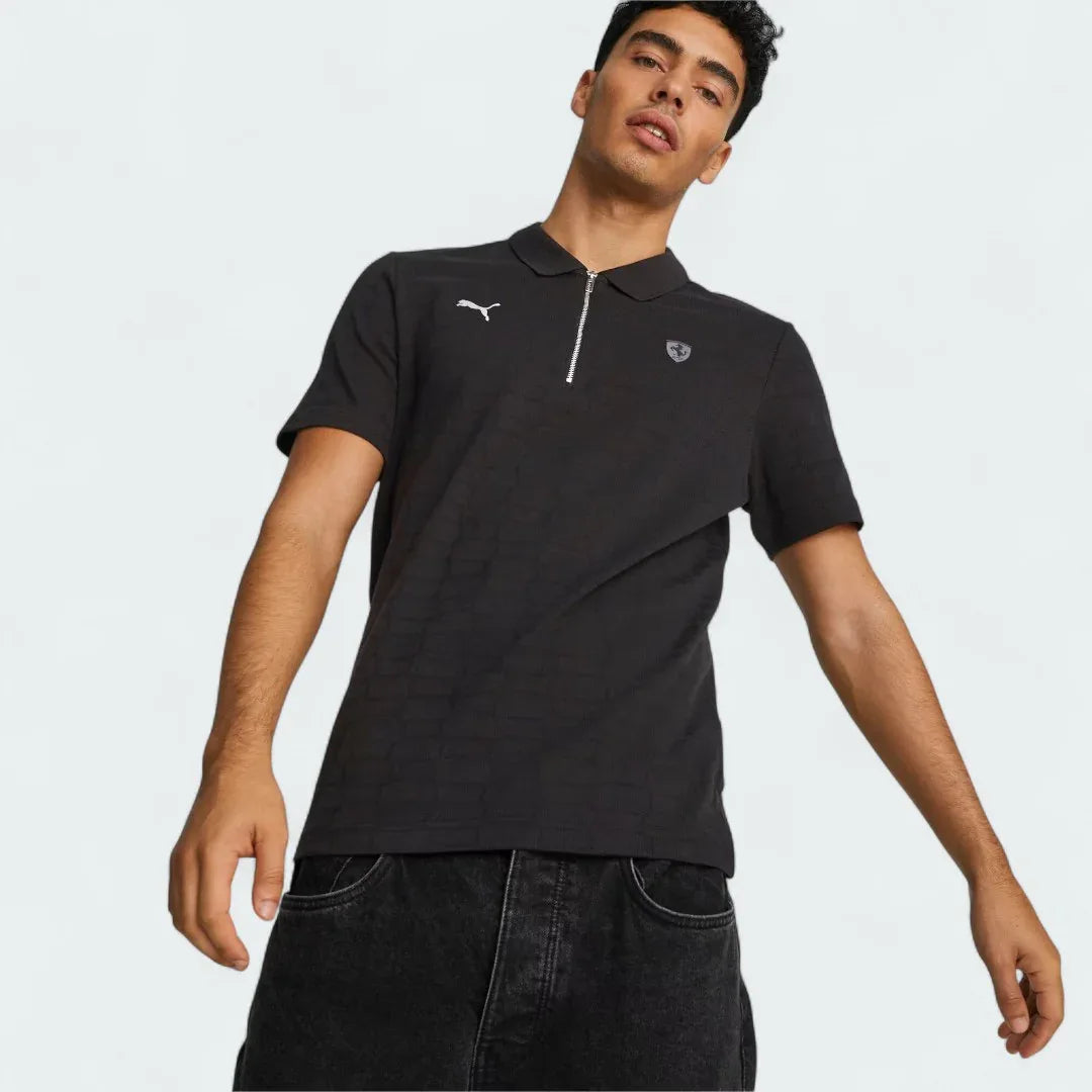 Puma Ferrari Style Jacquard Polo Men's in black, front model image showing short sleeves, classic fit, and subtle jacquard texture. Main image