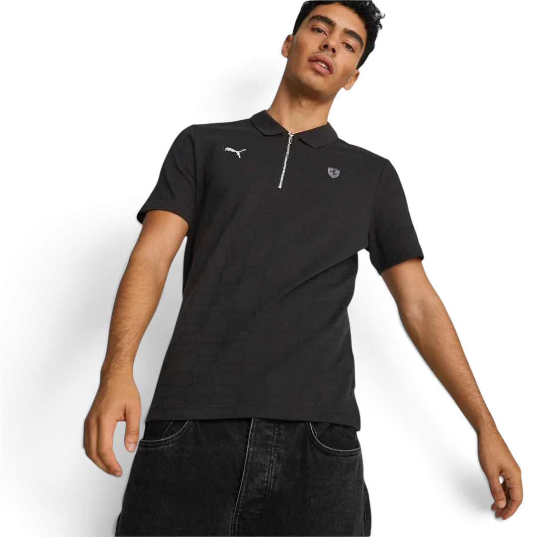 Puma Ferrari Style Jacquard Polo Men's in black, front model image showing short sleeves, classic fit, and subtle jacquard texture. Main image