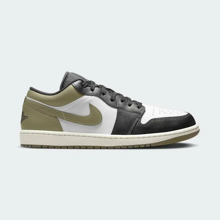 Air Jordan 1 Low Medium Olive Men's 553558-092 side profile view showing olive and black leather design Main image