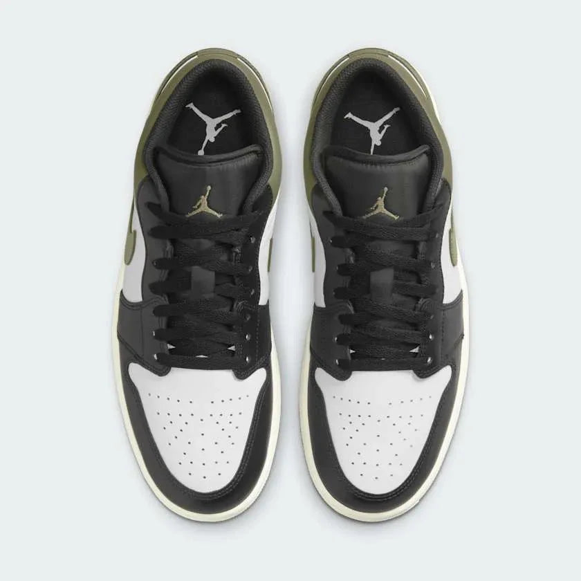 Top view of Air Jordan 1 Low Medium Olive Men's sneakers showing laces and olive accents