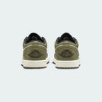 Back view of Air Jordan 1 Low Medium Olive Men's shoes with Jumpman logo on heel tab