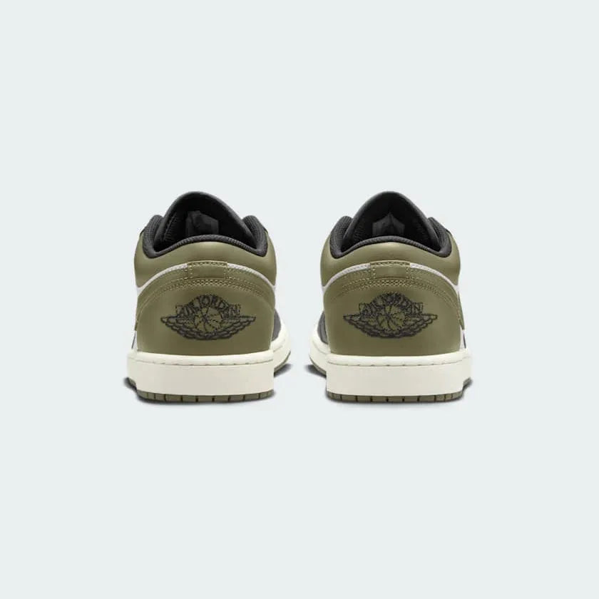 Back view of Air Jordan 1 Low Medium Olive Men's shoes with Jumpman logo on heel tab