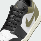 Close-up of Air Jordan 1 Low Medium Olive Men's upper materials and lacing details from above