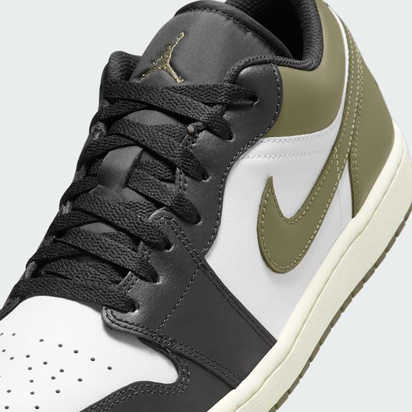 Close-up of Air Jordan 1 Low Medium Olive Men's upper materials and lacing details from above