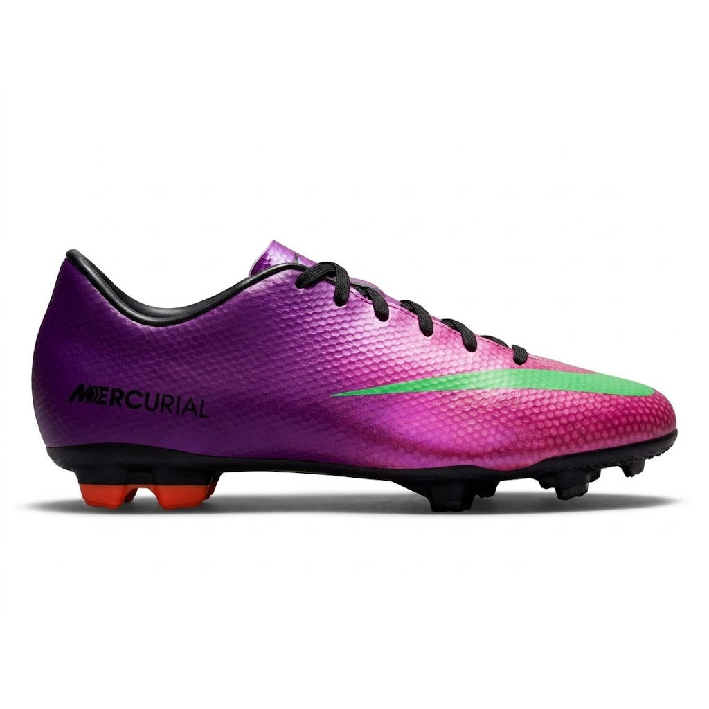 Studio lateral view of the Nike Mercurial Victory IV AG football boots in Fireberry, Electric Green, and Red Plum, highlighting the gradient purple and pink synthetic upper, electric green forefoot swoosh, black laces, and artificial grass stud plate Main image