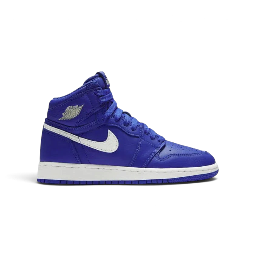 Trade Sports Air Jordan 1 Retro High GS in Hyper Royal satin textile with white Swoosh and sail midsole Main image