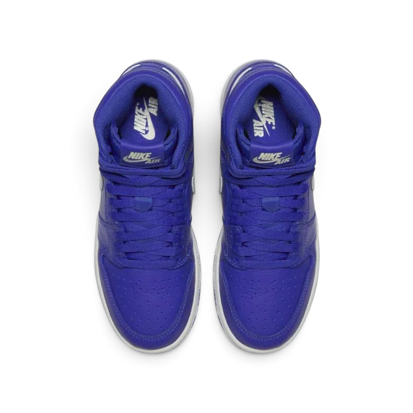 Trade Sports Air Jordan 1 Retro High GS sneakers in Hyper Royal satin-finish textile with white midsoles, top view.
