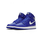 Trade Sports Air Jordan 1 Retro High GS in Hyper Royal satin textile with white Swoosh and sail midsole