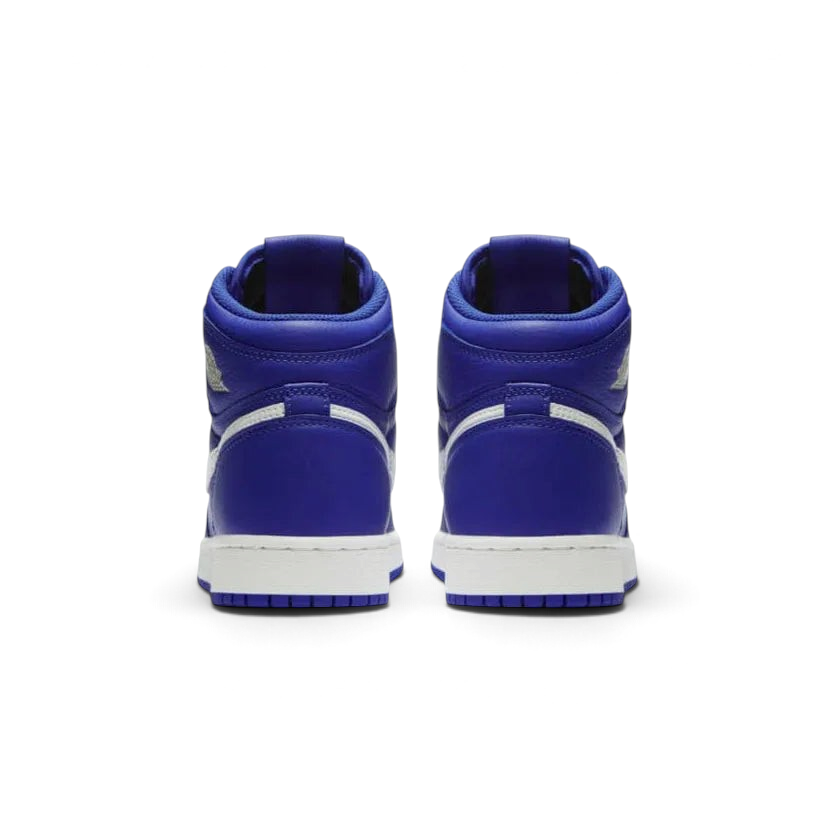 Trade Sports Air Jordan 1 Retro High GS sneakers in Hyper Royal blue satin with white midsoles, rear view.