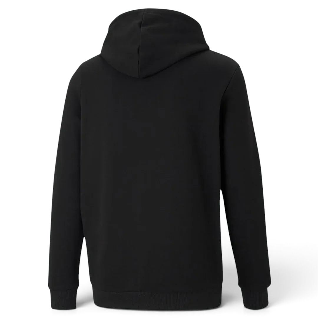 Puma Essential Small Logo Overhead Fleece Hoodie in black, back view showcasing the plain design and the hood.