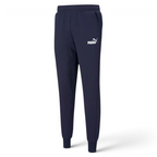 Puma Essential Logo Pants Men's in navy fleece, front view showing the elastic waistband, drawcord, and a white Puma Cat Logo on the thigh.