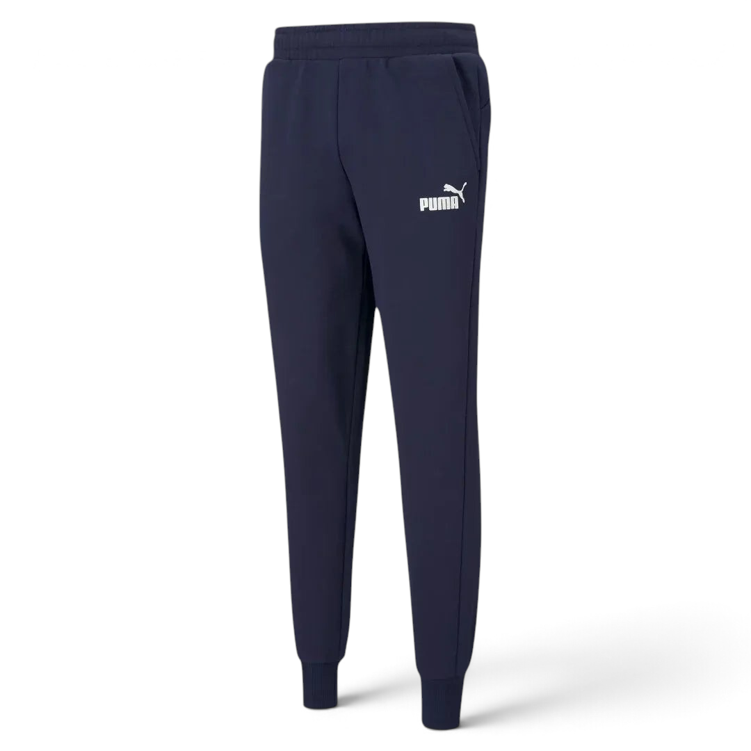 Puma Essential Logo Pants Men's in navy fleece, front view showing the elastic waistband, drawcord, and a white Puma Cat Logo on the thigh.
