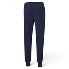 Puma Essential Logo Pants Men's in navy fleece, back view showcasing the tapered leg design and ribbed cuffs.