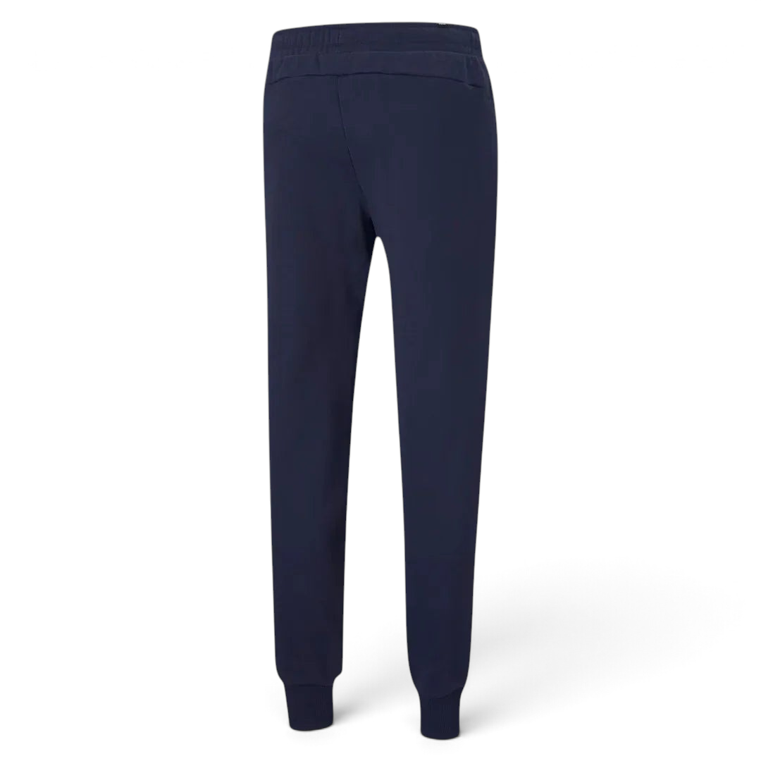 Puma Essential Logo Pants Men's in navy fleece, back view showcasing the tapered leg design and ribbed cuffs.