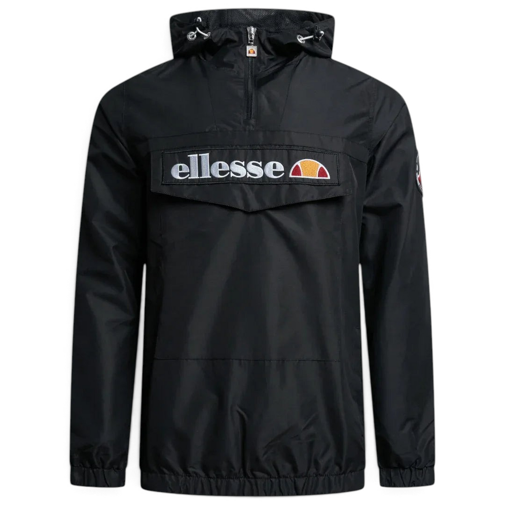 Ellesse Mont 2 Overhead Jacket in anthracite marl, front view showing the hood, 1/4 zip closure, front pouch pocket, and Ellesse logos.