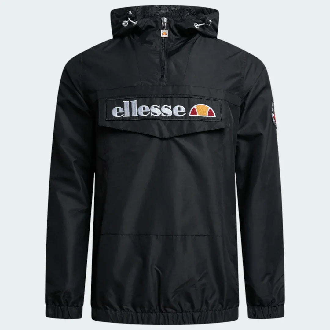 Ellesse Mont 2 Overhead Jacket in anthracite marl, front view showing the hood, 1/4 zip closure, front pouch pocket, and Ellesse logos.