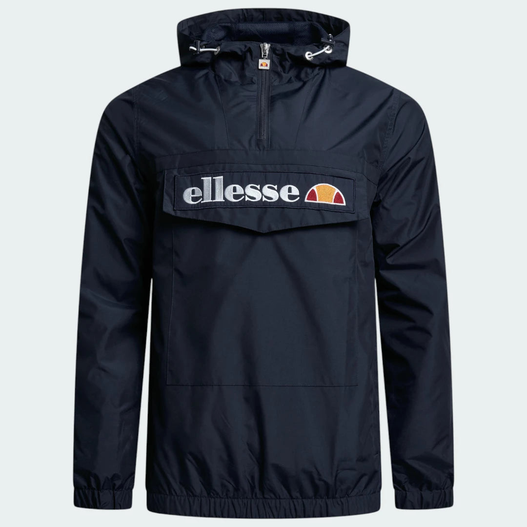 Ellesse Mont 2 Overhead Anorak Jacket Men's in navy, front view showing the hood, 1/4 zip closure, front pouch pocket, and Ellesse logos.