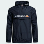 Ellesse Mont 2 Overhead Anorak Jacket Men's in navy, front view showing the hood, 1/4 zip closure, front pouch pocket, and Ellesse logos.