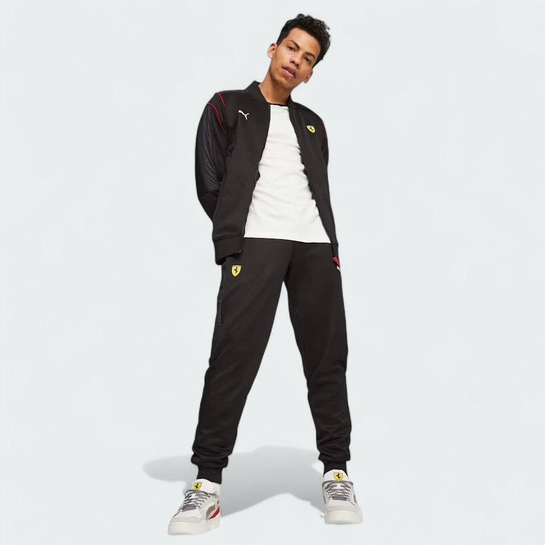 Puma x Ferrari Race MT7 Track Jacket Men's in black, model demonstrating the overall look with the open zip