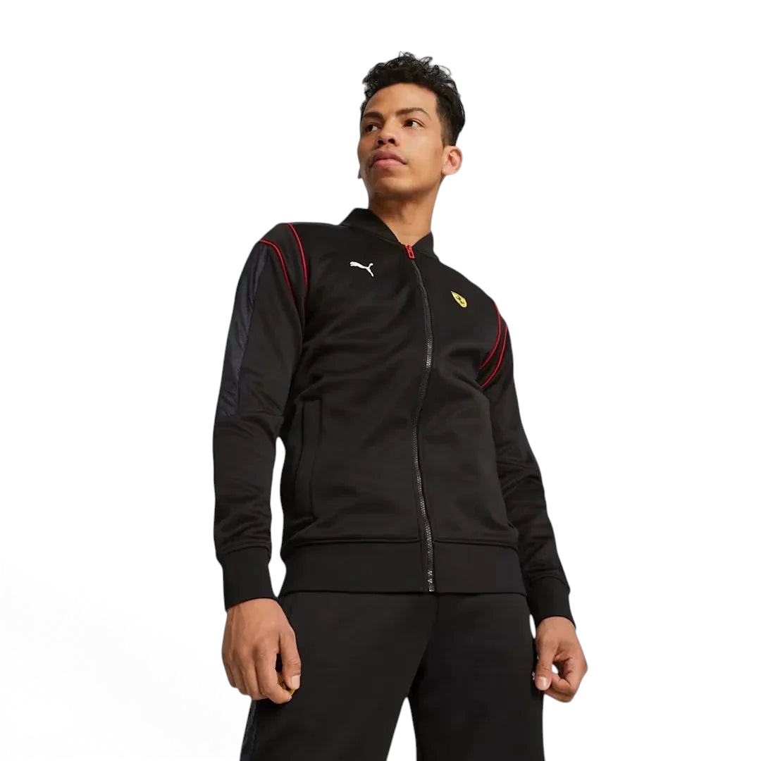 Puma x Ferrari Race MT7 Track Jacket Men's in black, worn by model front view showing full-zip closure, stand-up collar, and embroidered Ferrari and Puma logos. Main image