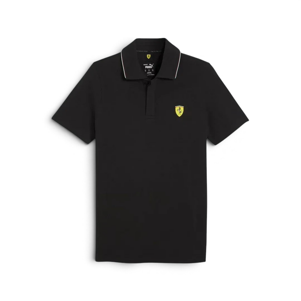 Trade Sports black Puma x Ferrari race polo shirt featuring a textured piqué knit, collar detail, and Scudetto badge.