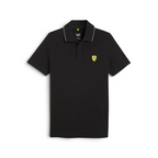 Trade Sports black Puma x Ferrari race polo shirt featuring a textured piqué knit, collar detail, and Scudetto badge.