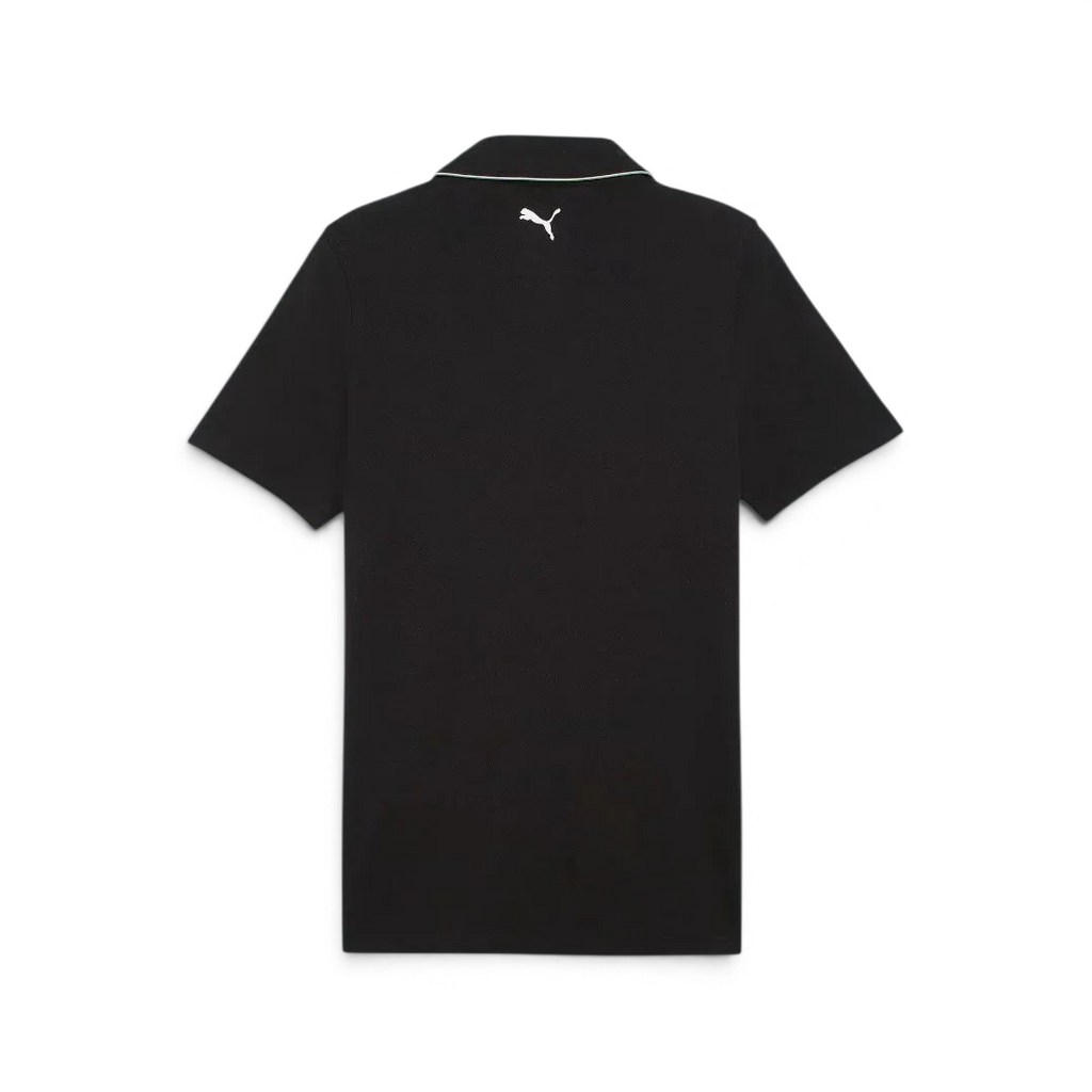 Trade Sports Puma x Ferrari black piqué polo shirt, back view showing white Puma Cat logo on the nape.