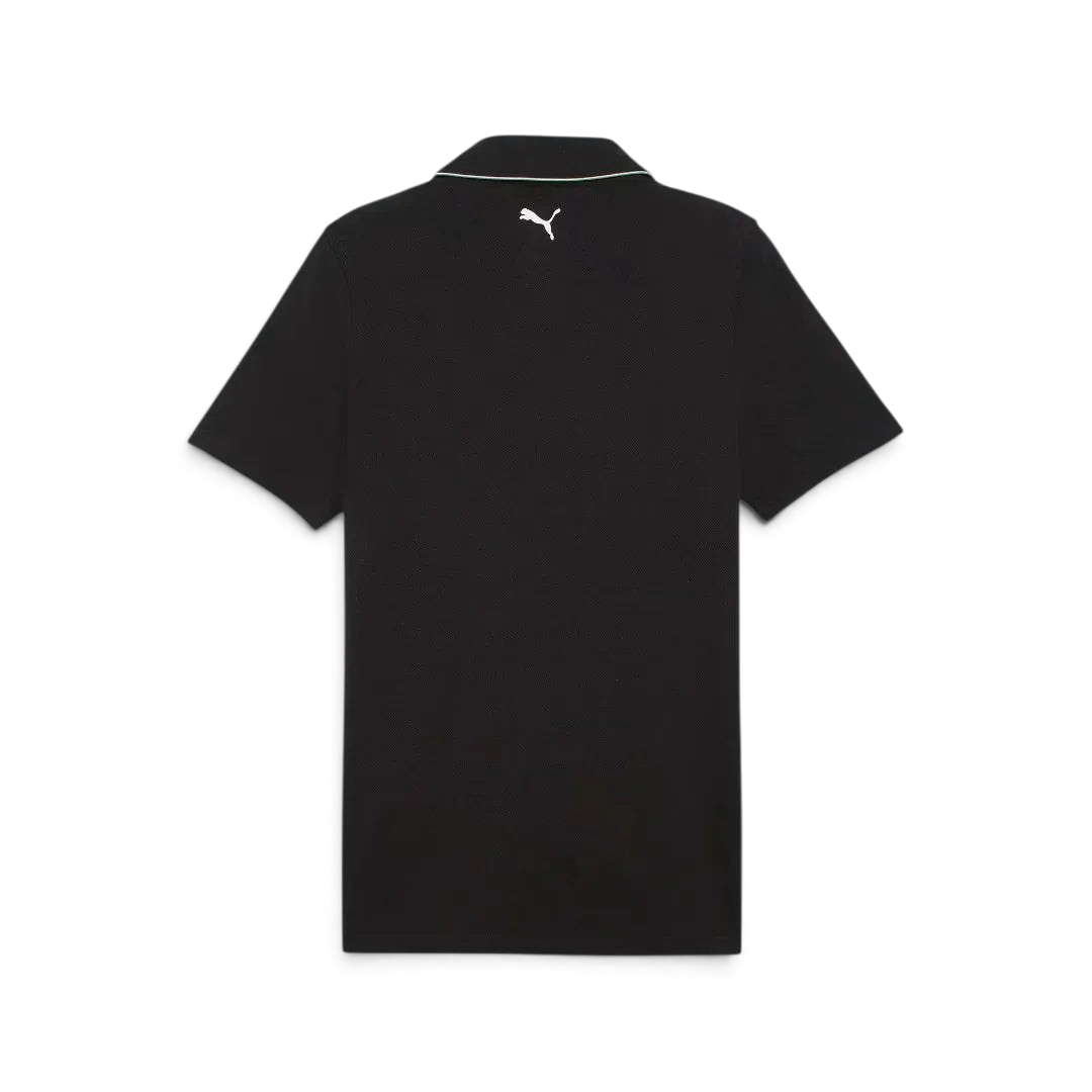Trade Sports Puma x Ferrari black piqué polo shirt, back view showing white Puma Cat logo on the nape.