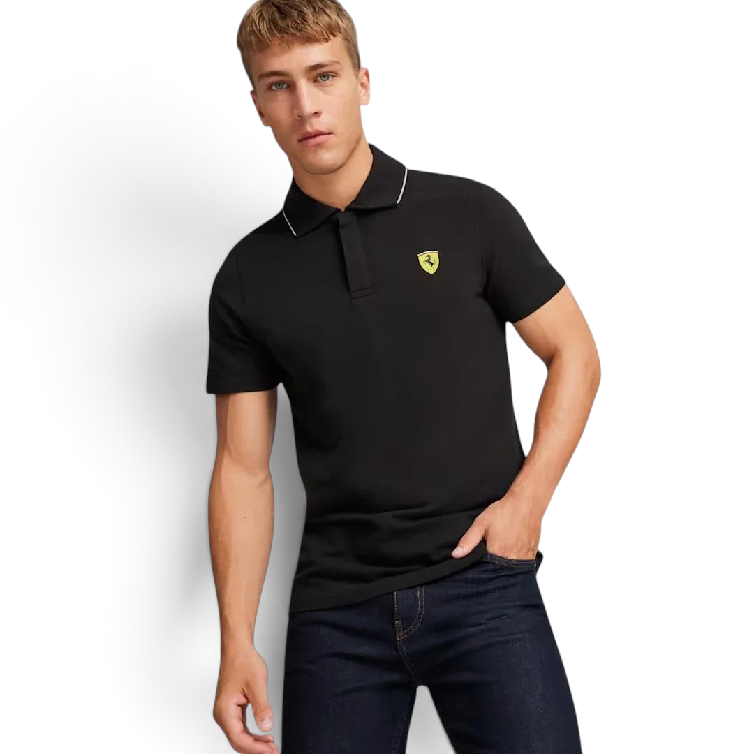 Trade Sports Puma x Ferrari black piqué polo shirt with Scudetto shield badge worn by a male model Main image