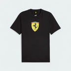 Puma x Ferrari Race Big Shield T-Shirt Men's in black, front view showing a classic crew neck and a large, bold Ferrari Scudetto badge on the chest.
