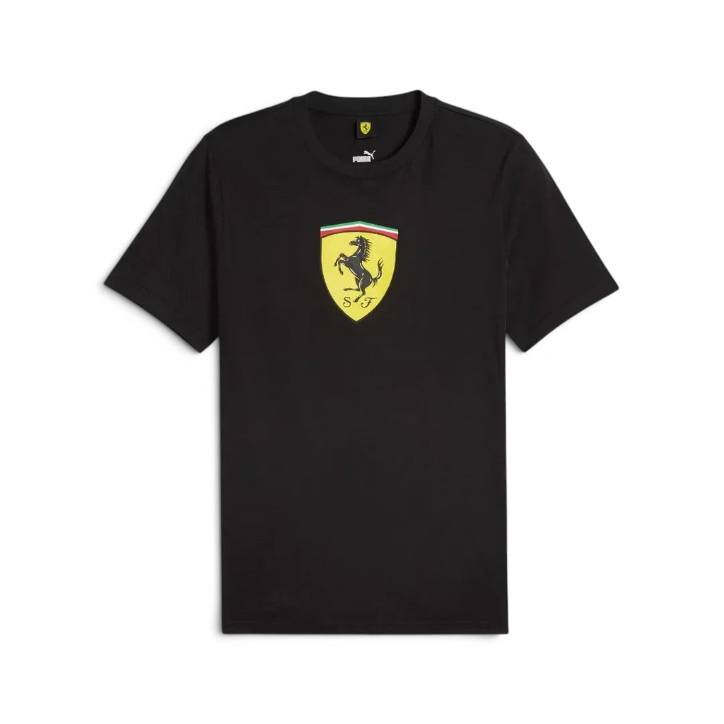 Puma x Ferrari Race Big Shield T-Shirt Men's in black, front view showing a classic crew neck and a large, bold Ferrari Scudetto badge on the chest.