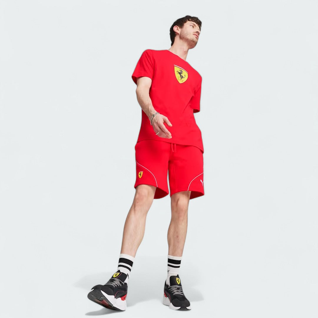 Puma x Ferrari Race Big Shield T-Shirt Men's in black, full profile image showing the design and comfort