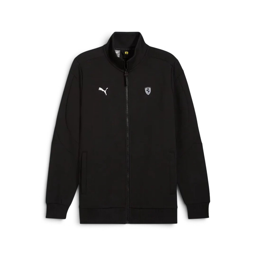 Puma x Ferrari Style MT7 Jacket Men's in black, front view showing full-zip closure, stand-up collar, and embroidered Ferrari and Puma logos.