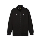 Puma x Ferrari Style MT7 Jacket Men's in black, front view showing full-zip closure, stand-up collar, and embroidered Ferrari and Puma logos.