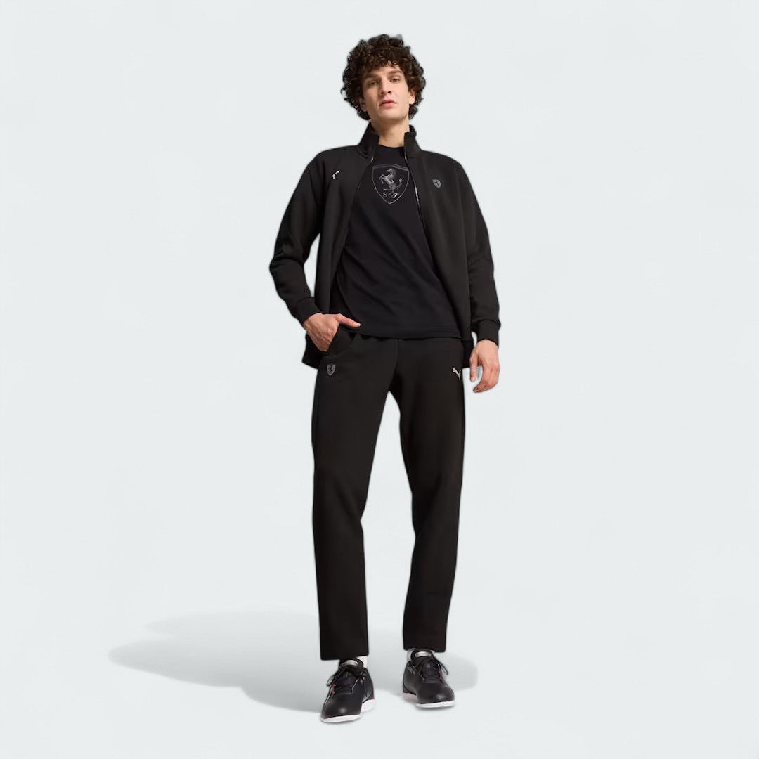 Puma x Ferrari Style MT7 full length body image showing a model sporting the item as a casual warm jacket