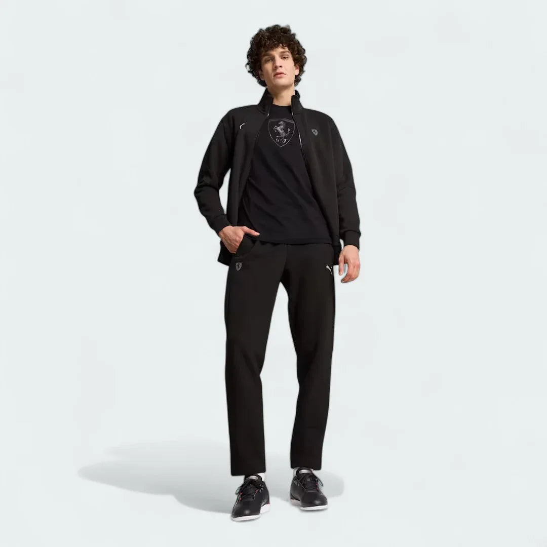 Puma x Ferrari Style MT7 full length body image showing a model sporting the item as a casual warm jacket