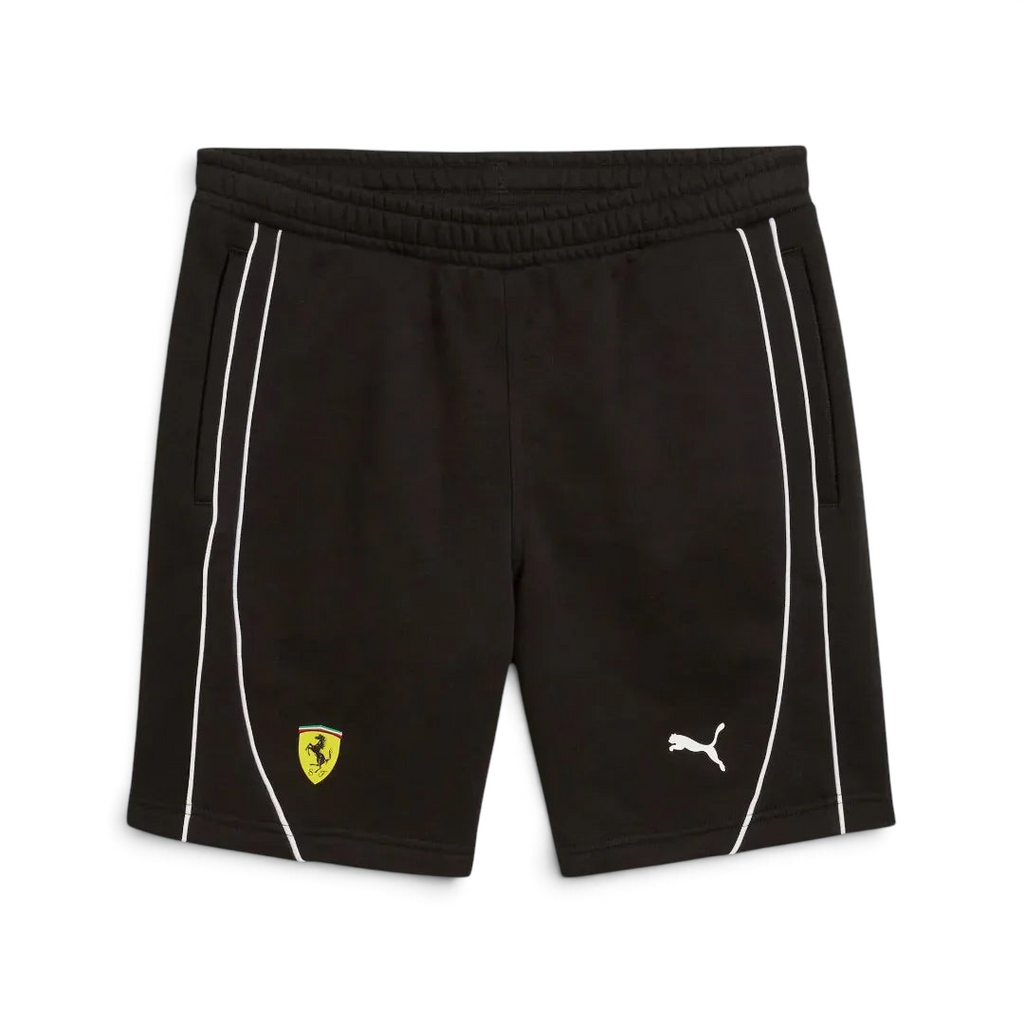 Puma x Ferrari Race Shorts Men's in black, front view showing the elastic waistband, drawcord, and embroidered Ferrari and Puma logos.