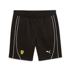 Puma x Ferrari Race Shorts Men's in black, front view showing the elastic waistband, drawcord, and embroidered Ferrari and Puma logos.