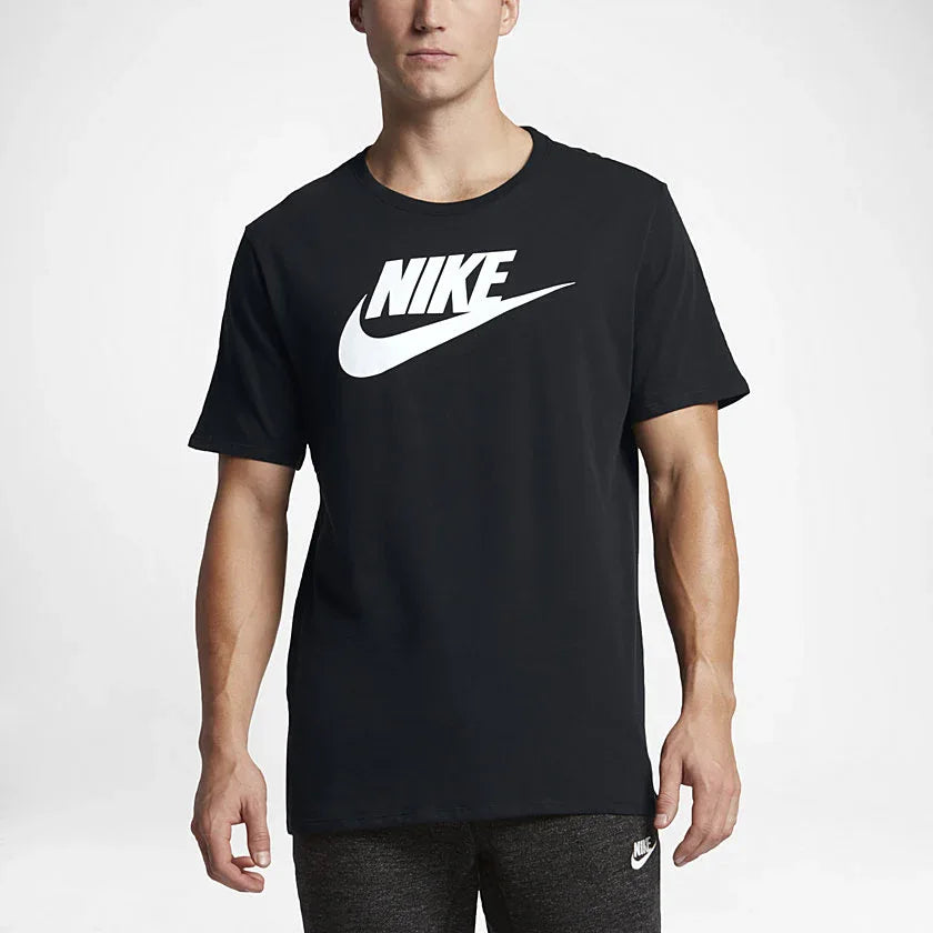 Nike Men's Futura Icon Tee Shirt in black, front view showing the prominent white Nike Futura logo on the chest. Main image