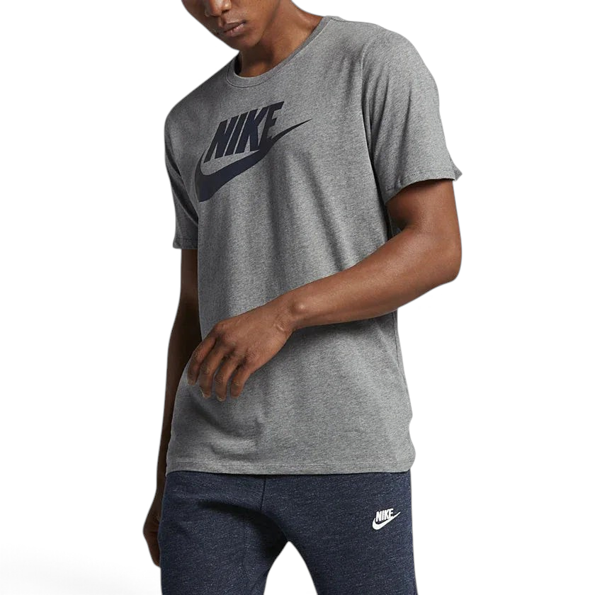 Nike Men's Futura Icon Tee Shirt in grey, front view showing the prominent white Nike Futura logo on the chest