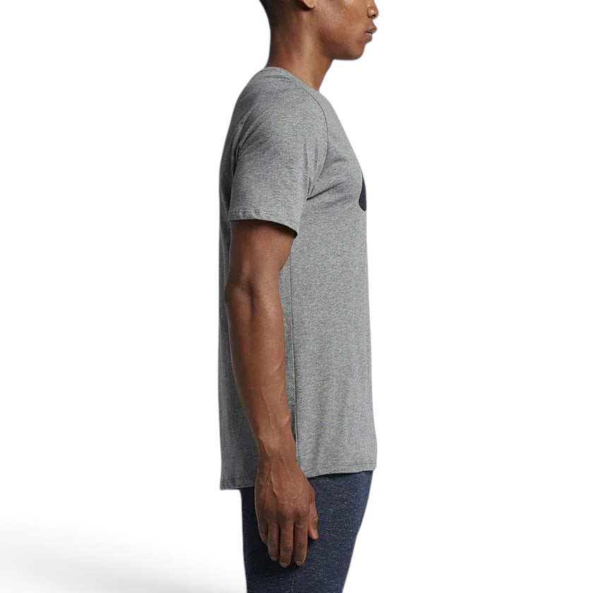Nike Men's Futura Icon Tee Shirt in grey, side profile showing short sleeves, classic fit, and the overall silhouette.