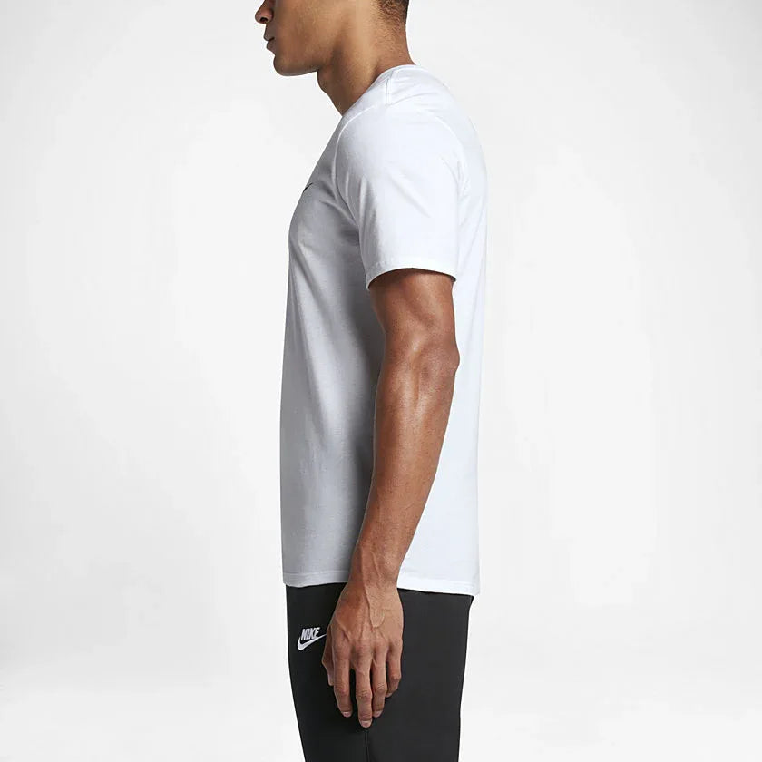 Nike Men's Futura Icon Tee Shirt in white, side profile showing short sleeves, classic fit, and the overall silhouette.