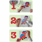 Collage of a person using a pegboard to create a colorful parrot design with numbers 1, 2, and 3 displayed.