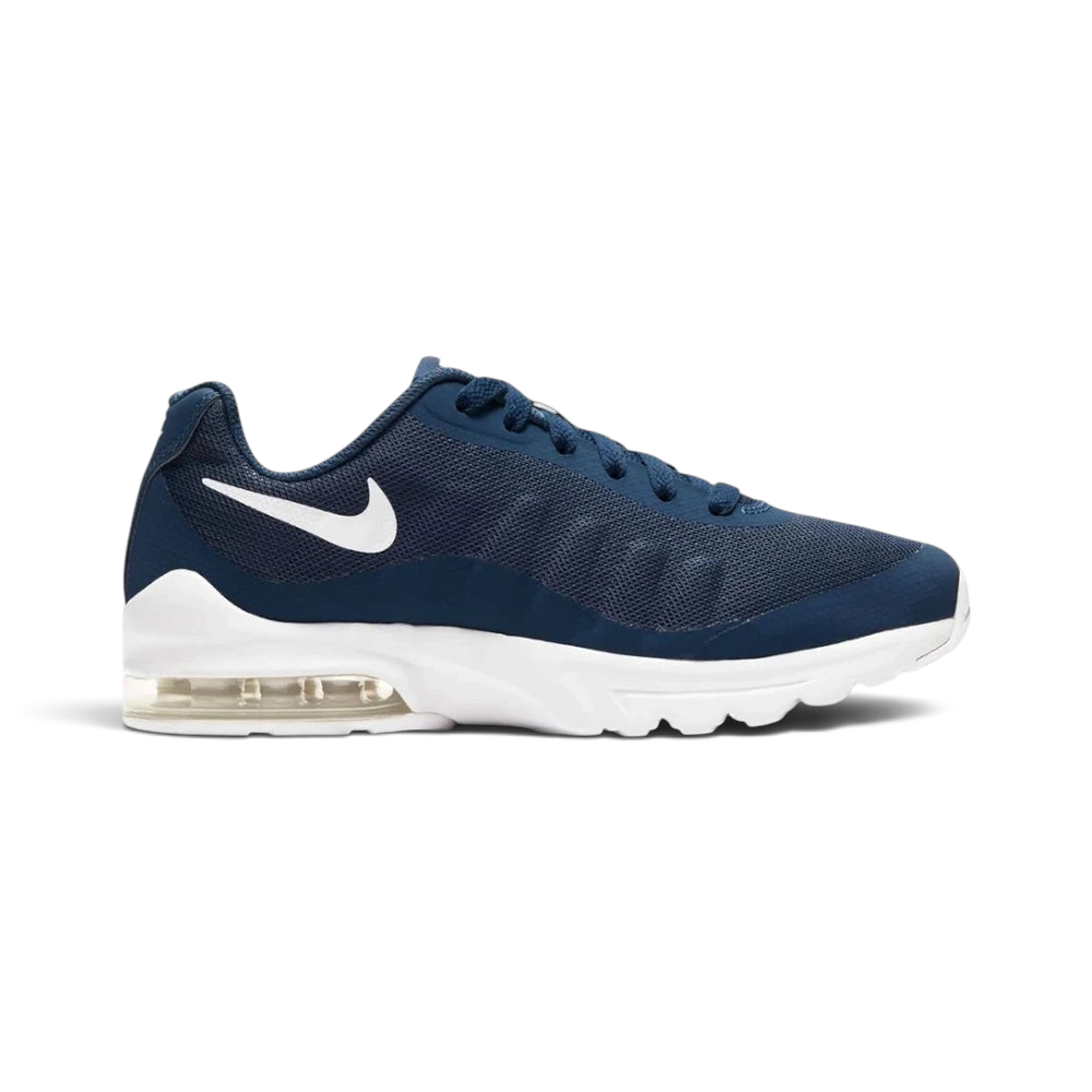 Highlights the high-velocity sweep of the clean white Nike Swoosh, showing the professional sublimated gradient lines across the navy mesh and the clear depth of the heel Air window. Main image
