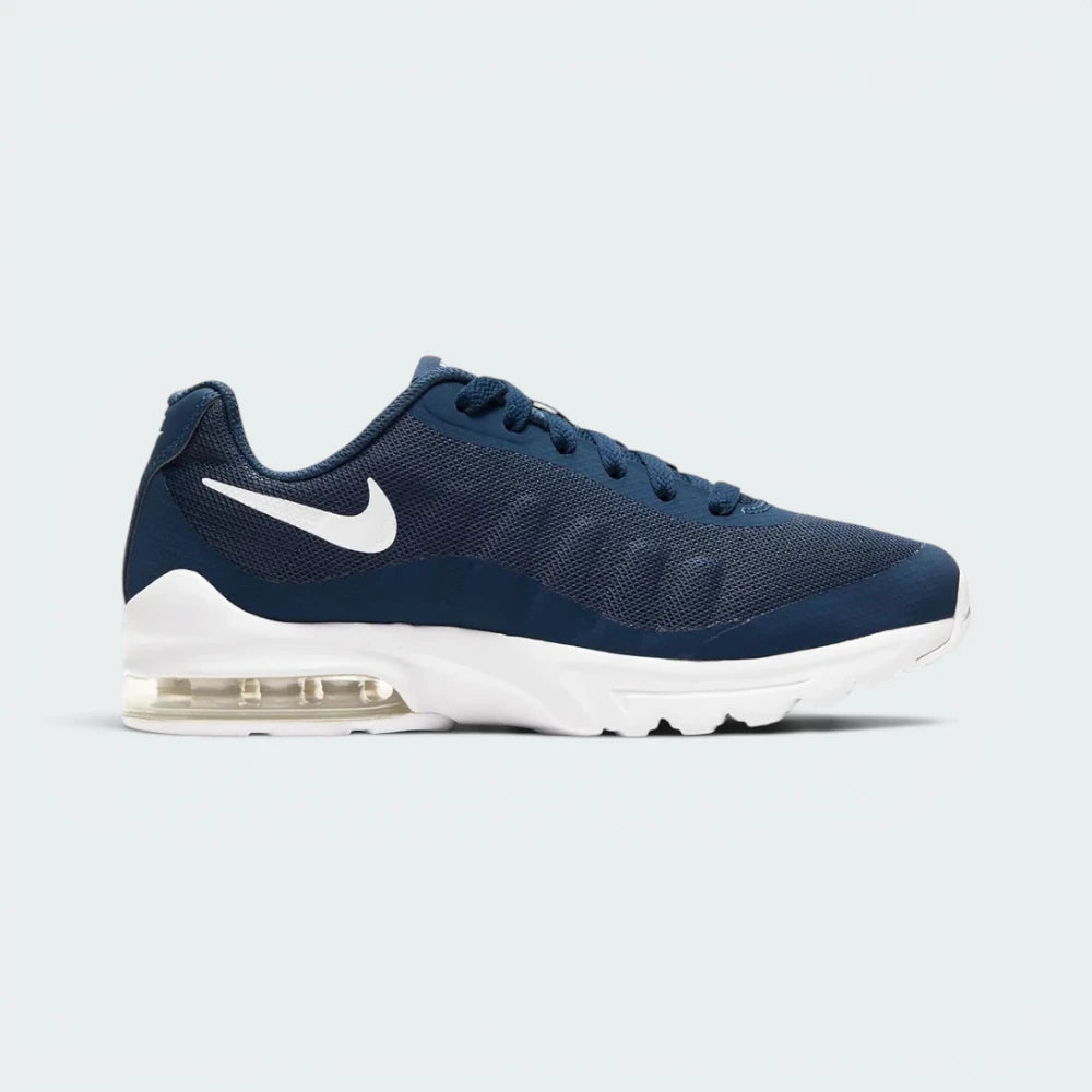 Highlights the high-velocity sweep of the clean white Nike Swoosh, showing the professional sublimated gradient lines across the navy mesh and the clear depth of the heel Air window. Main image