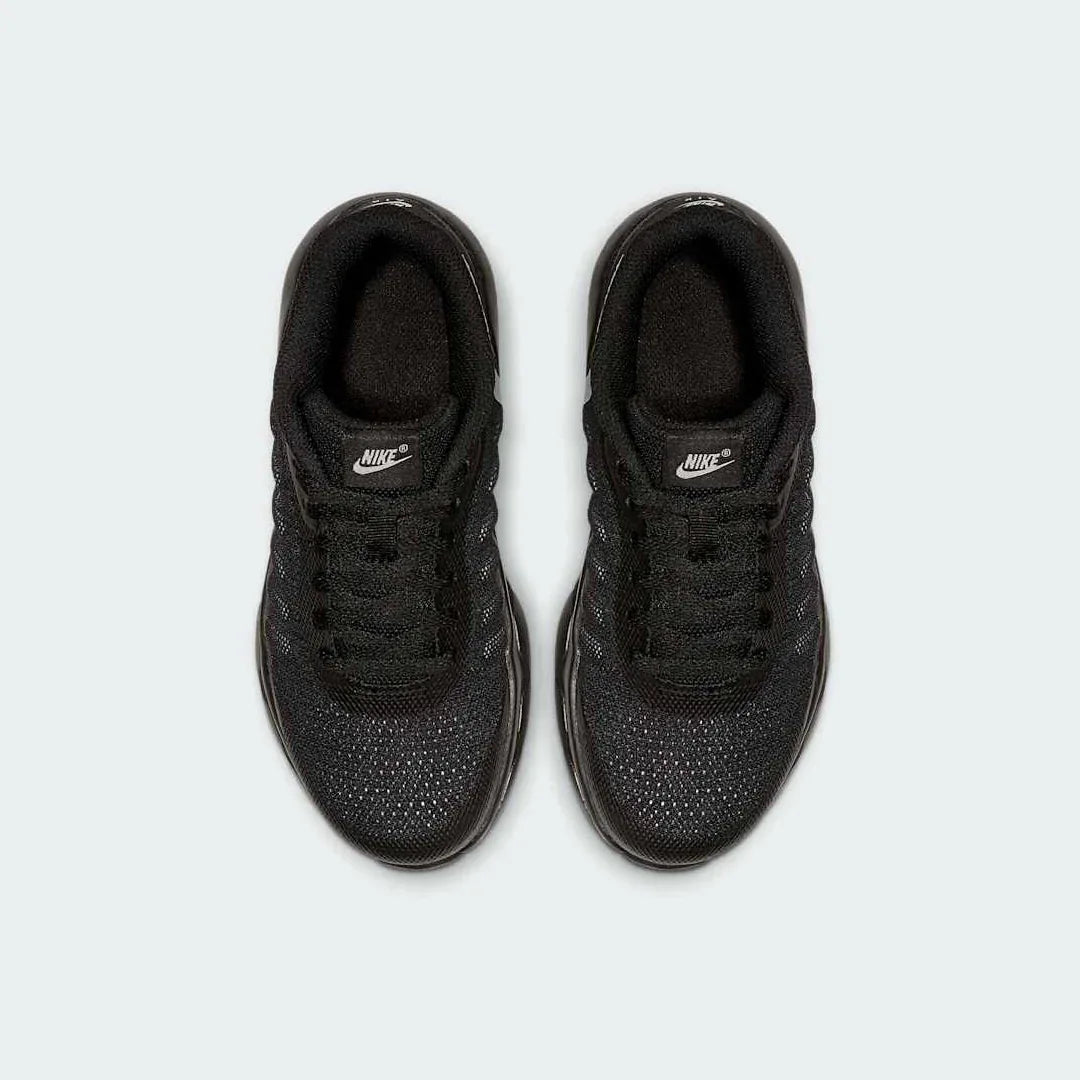 Top-down view of a pair of Nike Air Max Invigor Children's trainers in black, highlighting their streamlined design and lace-up closure.