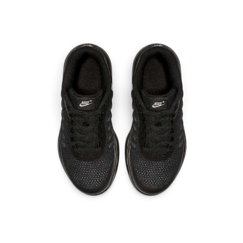 Top-down view of a pair of Nike Air Max Invigor Children's trainers in black, highlighting their streamlined design and lace-up closure.
