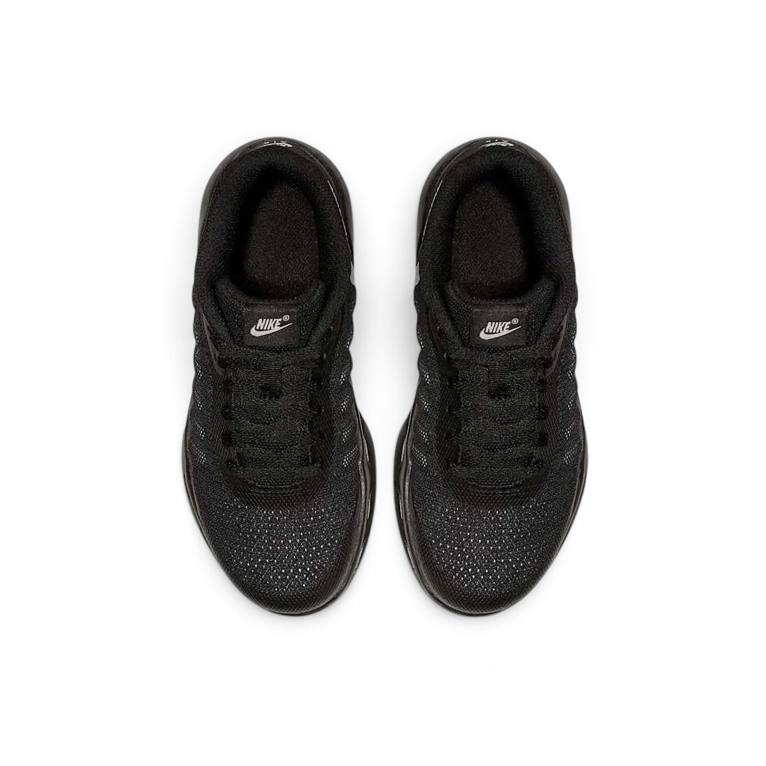 Top-down view of a pair of Nike Air Max Invigor Children's trainers in black, highlighting their streamlined design and lace-up closure.