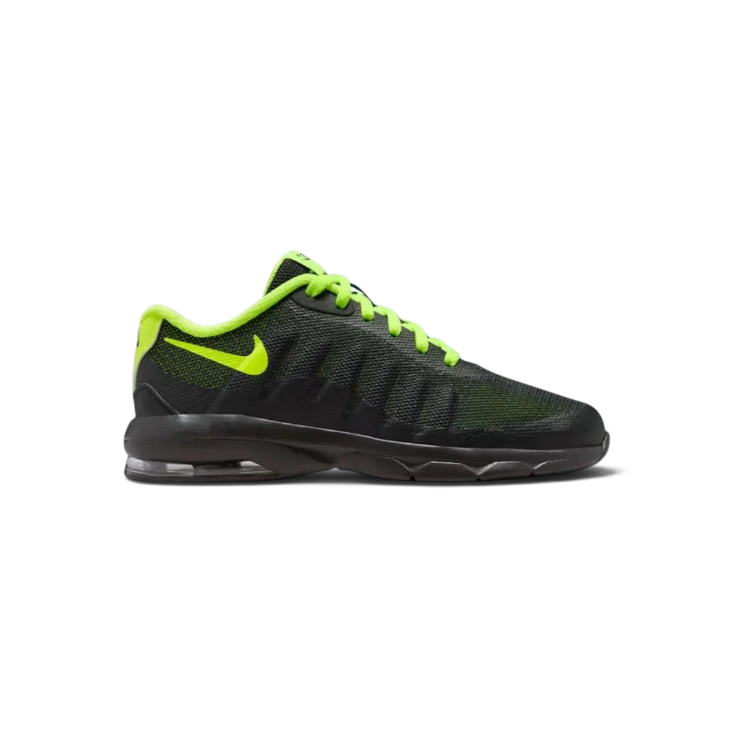 Side profile of the Nike Air Max Invigor in Black, showing the Breathe Tech mesh panels and the vibrant Volt Yellow visible Air unit in the heel. Main image