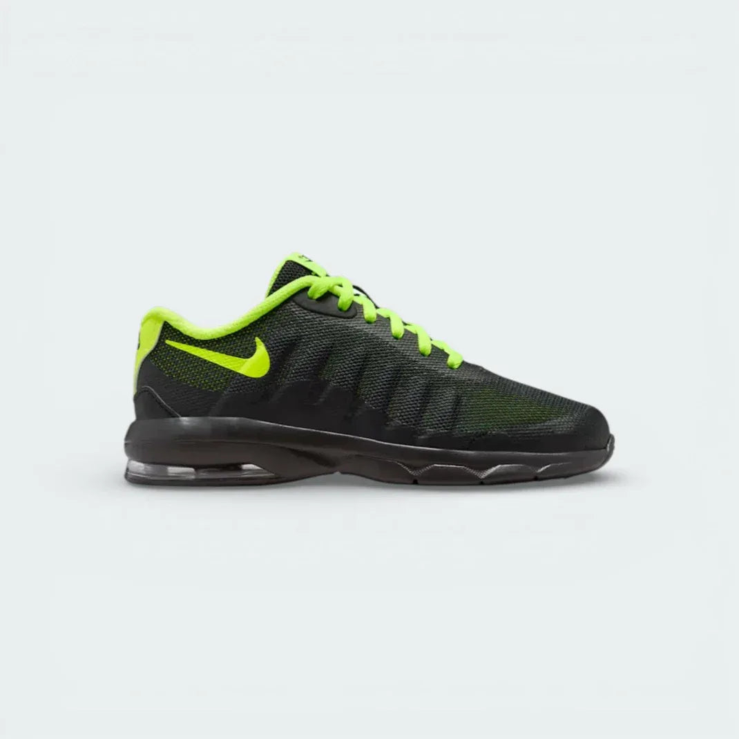 Side profile of the Nike Air Max Invigor in Black, showing the Breathe Tech mesh panels and the vibrant Volt Yellow visible Air unit in the heel. Main image